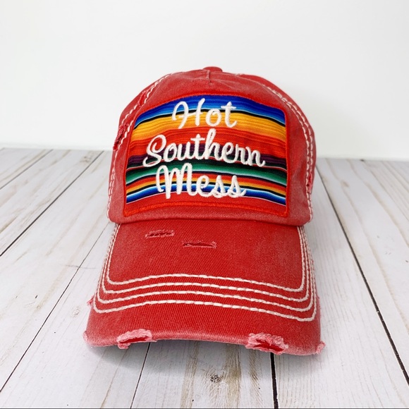 Kbethos Vintage Accessories - Distressed Red Hot Southern Mess Baseball Hat Cap